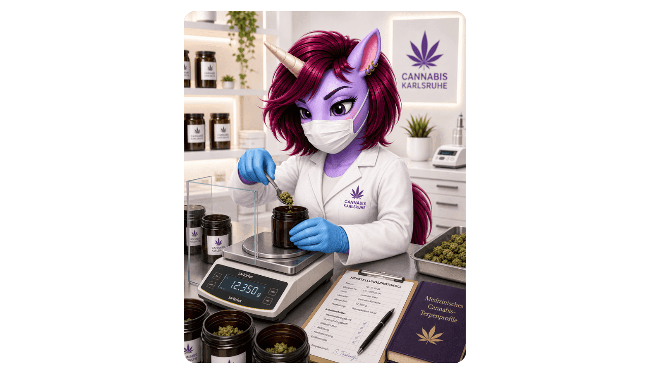 Lila Einhorn befüllt Behältnis mit Cannabis